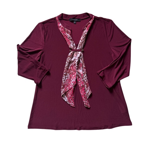 Burgundy Blouse Women’s L Scarf Tie Top V Neck 3/4 Sleeve - Picture 1 of 6
